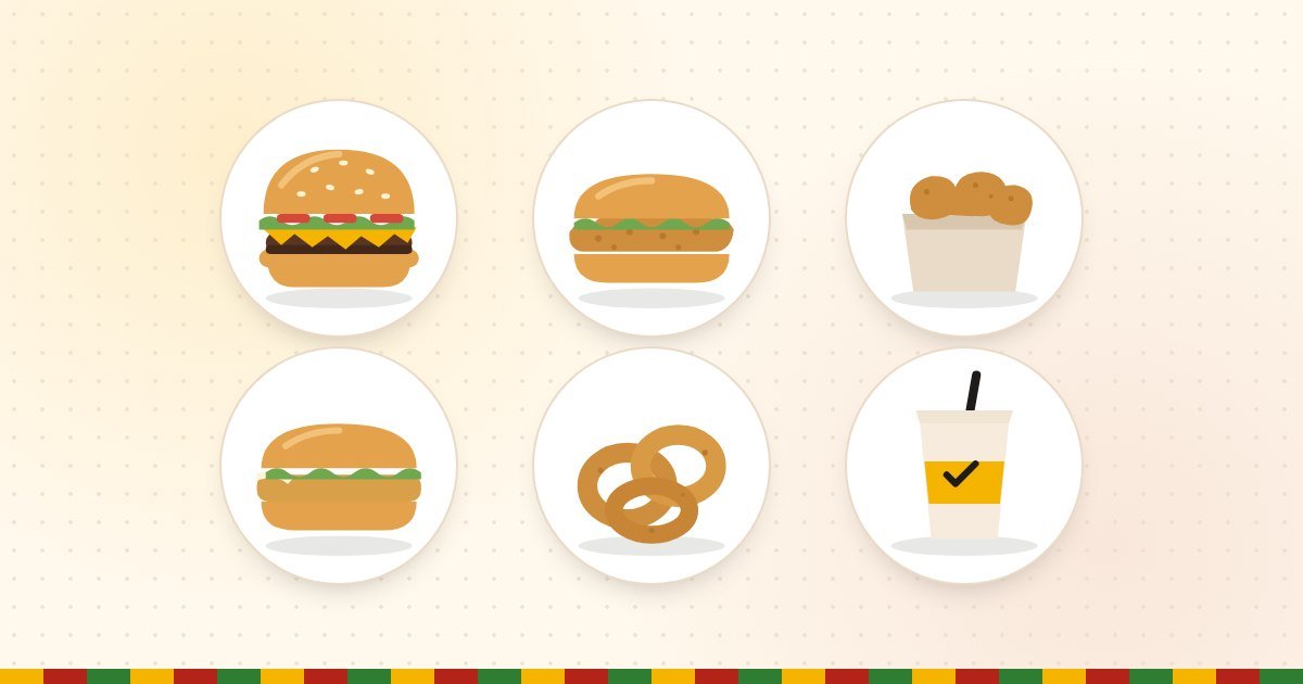 Burger King lunch menu favorites: a Whopper, a chicken sandwich, nuggets, a fish sandwich, onion rings and a drink