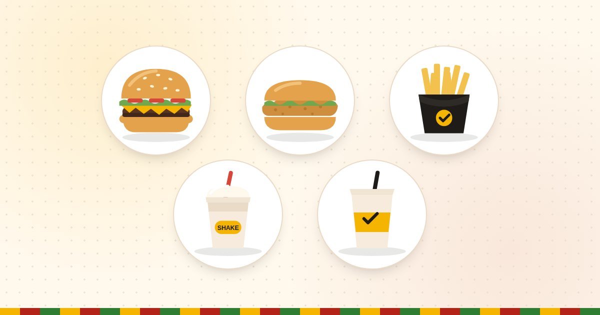 Burger King menu favorites: a Whopper, a crispy chicken sandwich, fries, a shake and a soft drink